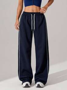 1pc Women's Waffle Knit Loose Straight Leg Drawstring Waist Contrast Color Simple Fitness Sports Pants, Spring/Summer - Navy Blue - View 4