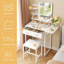 Tomnk 2 Sizes Vanity Desk Set With Mirror LED Lights And Power Outlet, Vanity Desk With Soft Dressing Stool And Drawers, Open Organizer, Dressing Table Bedroom, Home Decor, Bedroom Furniture (Mirror Light Strip Powered By USB Interface) - 查看 9