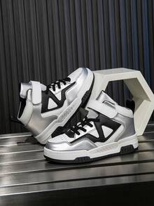 1 Đôi Giày Thể Thao Cổ Cao Cho Trẻ Em, Thân Giày Bằng Da PU, Giày Chạy Bộ Trong Nhà/Ngoài Trời, Khóa Dán Dễ Mặc, Nhẹ, Chống Trượt, Thoáng Khí, Thoải Mái, Thời Trang Unisex Retro Chunky Patchwork - Bạc - Xem 3