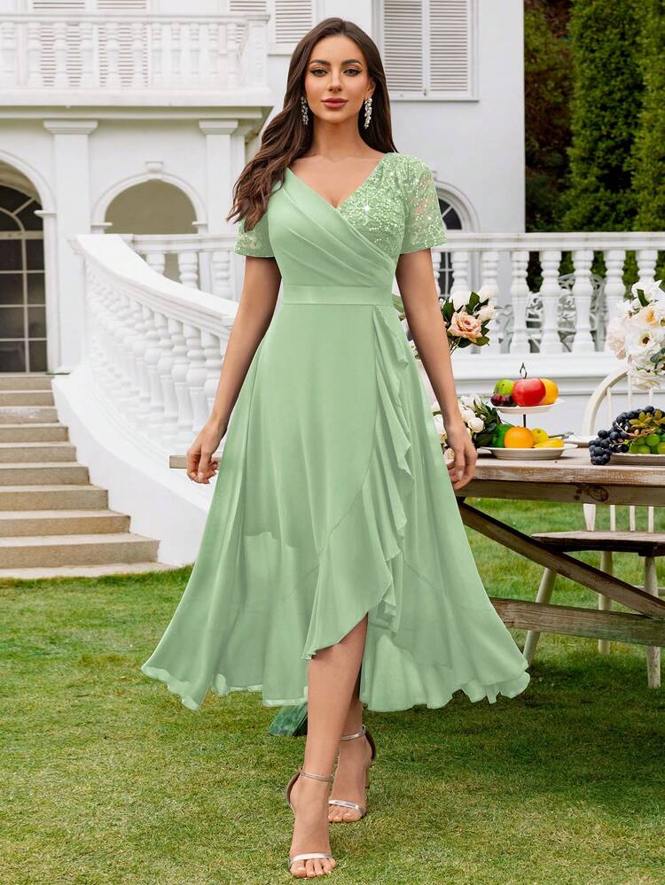 MIUSOL V-Neck Sequin Lace Contrast Color Chiffon Ruffle Hem Elegant Ball Gown Skirt, Suitable For Wedding Guest, Formal Dinner And Other Occasions - Mint Green - View 1