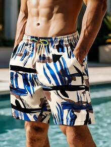 男士夏季速干短裤，时尚印花宽松沙滩裤，适合旅行、海滩、游泳 - 彩色 - 查看 1