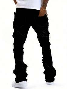 Men's Pocket, Frayed Hem Stretch Skinny Flared Jeans - Black - View 3