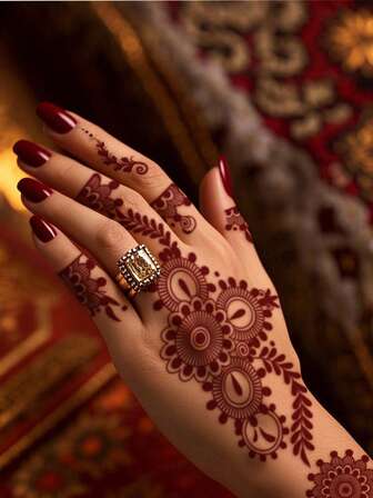 4pcs Sensual Hand Flower Design Tattoos In Brown, Red, Chestnut Colors For Finger, Nail, Body Art, Suitable For Wedding, Party