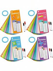 可重复使用的数学加减乘除练习册，配有可擦除工具，适用于学校数学培训教科书的学习抽认卡