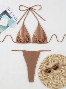 New Metallic Halter Triangle Tie Side Bikini Set - Brown - View 3