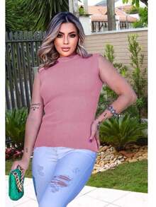 Blusa Regata Tricô Canelada Feminina Garrafinha Gola Alta 36-42  Lupinacci Tricot - Rosa Bebê - Visão 3