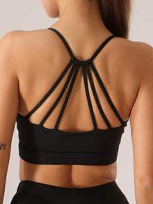 1pc Women Strappy Racerback Yoga Sports Bra With Removable Pads, Shockproof Wireless Fitness Bra