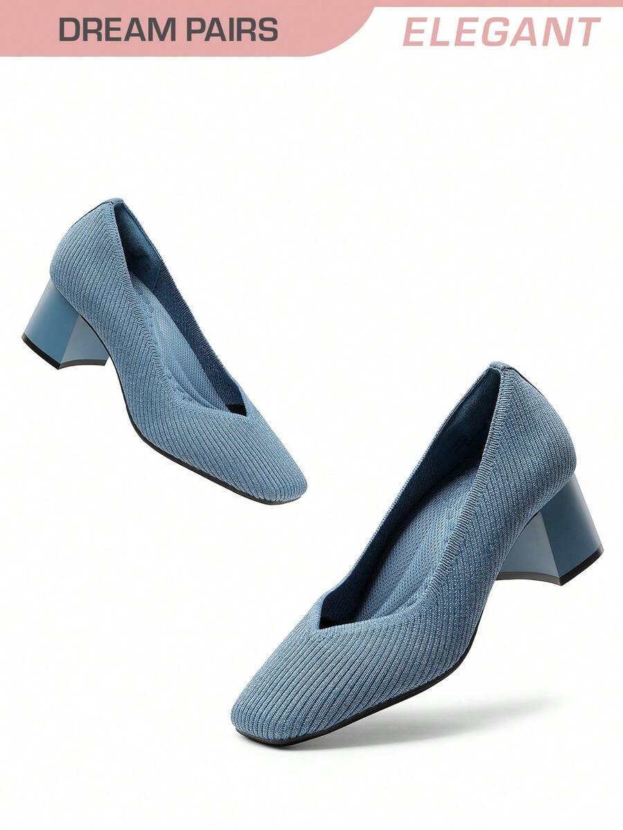 Women's Square Toe Chunky Heels Pumps Comfortable Knitted Closed Toe Fashionable Elegant Casual Holiday Work Dress Shoes - 藍色 - 查看 1