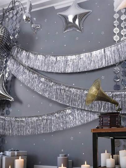 2pcs - 13ft Metal Tassel Garland - Silver Tassel Garland, Hanging Tassel Ribbon Wreath, Multipurpose Hanging Decor, Metal Tassel Wall Decor Hanging Backdrop Table Skirt Decor, Metallic Foil Silver Ribbon Photo Backdrop, For Decorating Floats, Christmas Home Decor, Christmas, Christmas Decor, Christmas Tree Decor, Christmas Table Decor