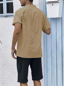 大码男士纯色领短袖口袋拼布衬衫 - 卡其色 - 查看 3