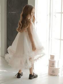 白色蝴蝶结毕业礼服，优雅公主薄纱尾礼服，适合年轻女孩生日派对、婚礼、庆典活动、圣餐礼服