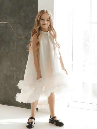 White Bowknot Graduation Dress, Elegant Princess Tulle Tail Gown, Suitable For Young Girls Birthday Party, Wedding, Celebration Events, Communion Dress