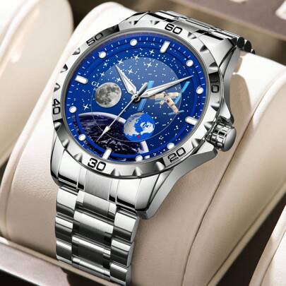 Mechanical Automatic Watches For Men-Blue Rotating Little Earth, Luminous Dial With Starry Sky Moon Phase, 3ATM Waterproof Steel Strap Wrist Watches
