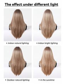 混合棕金色假发，带刘海，自然分层长直发，万圣节假发，女士耐热纤维合成假发，适合日常派对假发 - 棕色 - 查看 9