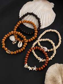 6pcs Boho Ocean Style Coconut Shell Beaded Bracelet Set, Starfish & Shell Pendant, Charming Jewelry For Men Beach Party Vacation
