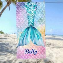 1pc Personalized Mermaid Text Beach Towel, Strong Water Absorption, Suitable For Swimming Pool, Camping, Extremely Comfortable Bathroom Decor SummerTravel Essentials Travel Accessories Beach Essentials