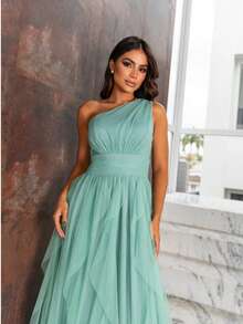One-Shoulder Layered Bridesmaid Prom Dress - Mint Green - View 3