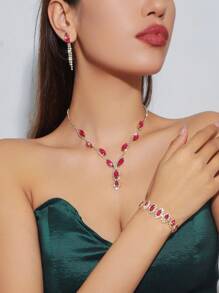 Conjunto de Joias com 3 Peças de Cristais, Conjunto de Colar Dourado, Brincos e Pulseira da Moda, Adequado para Uso Diário de Mulheres, Casamentos, Festas, Etc.