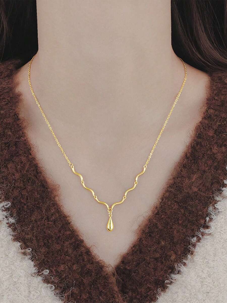 1pc French Minimalist Teardrop Pendant Necklace, Water Ripple Design, Suitable For Women's Daily Wear