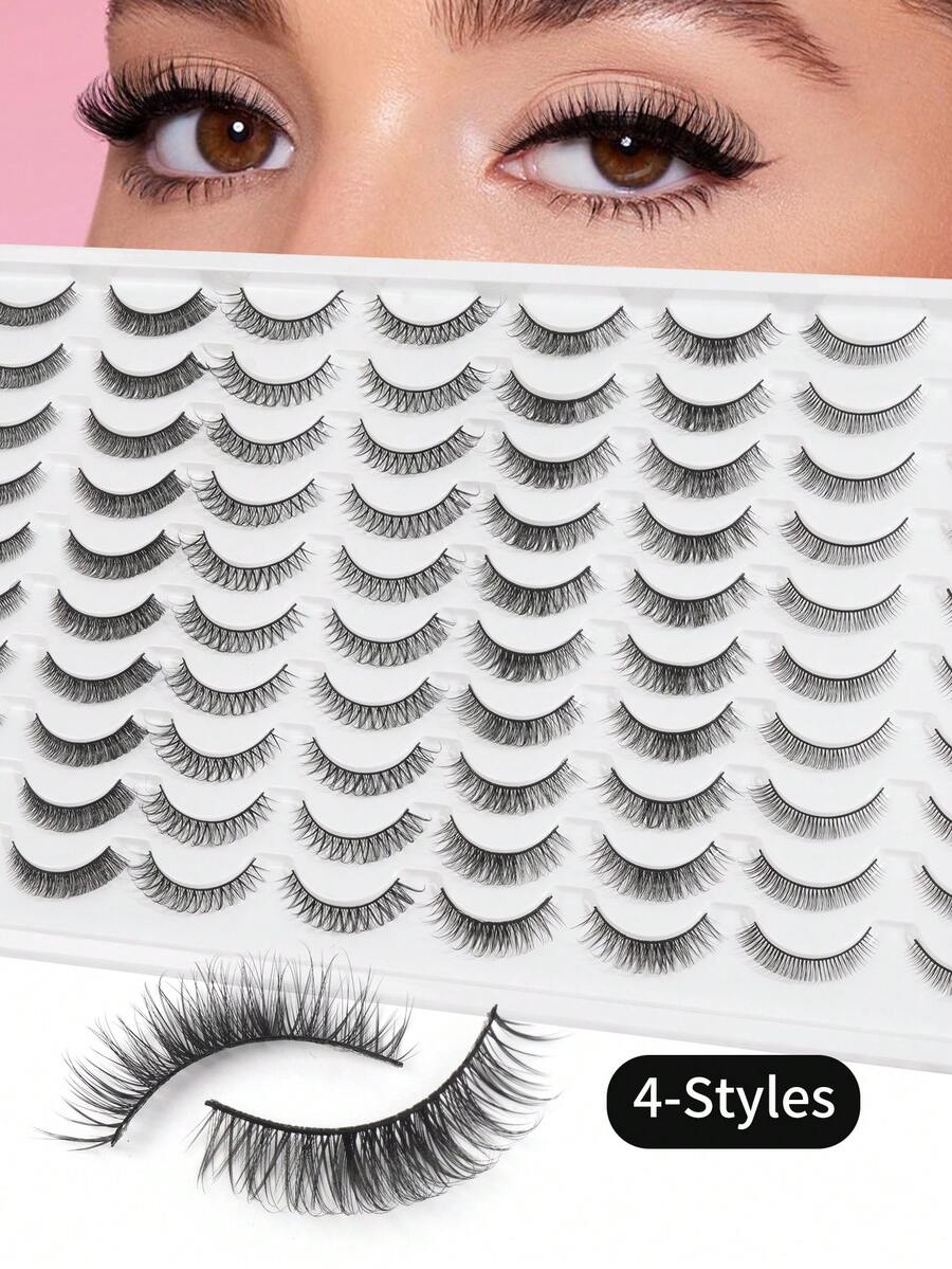 40 Pairs Mixed Pack Natural Crossover False Eyelashes Handmade Lengthened Thick Curly Eyelashes Artificial Mink Eyelashes Makeup Tools Hot Sellers - 黑色 - 查看 1