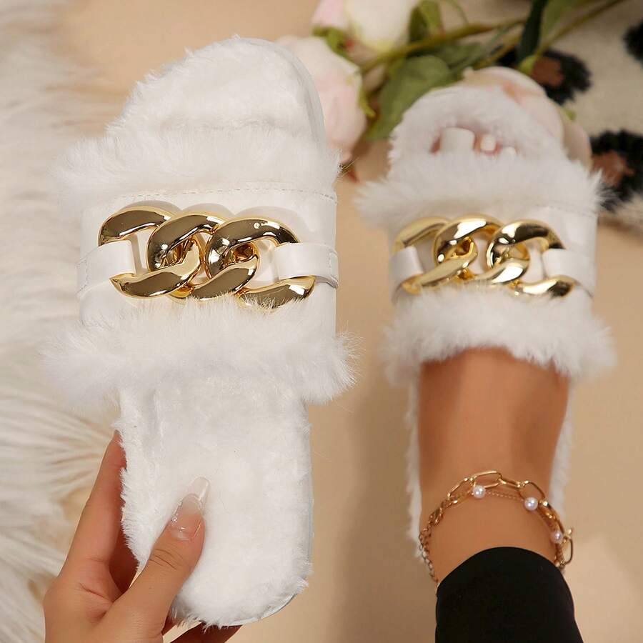 Winter Women's Fluffy Slippers - Open Toe & Solid Color Design - White - View 1