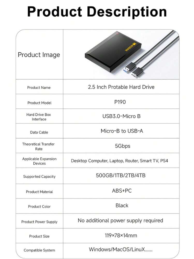 Kodak HDD P190 500GB/1TB/2TB Portable USB 3.0 External Mechanical