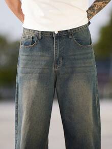 1 件装复古水洗直筒宽松牛仔裤，男士休闲阔腿裤 - 霧霾藍 - 查看 6