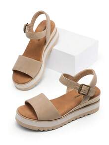 Women's Open Toe Buckle Ankle Strap Espadrille Platform Wedge Sandals - Khaki - View 4