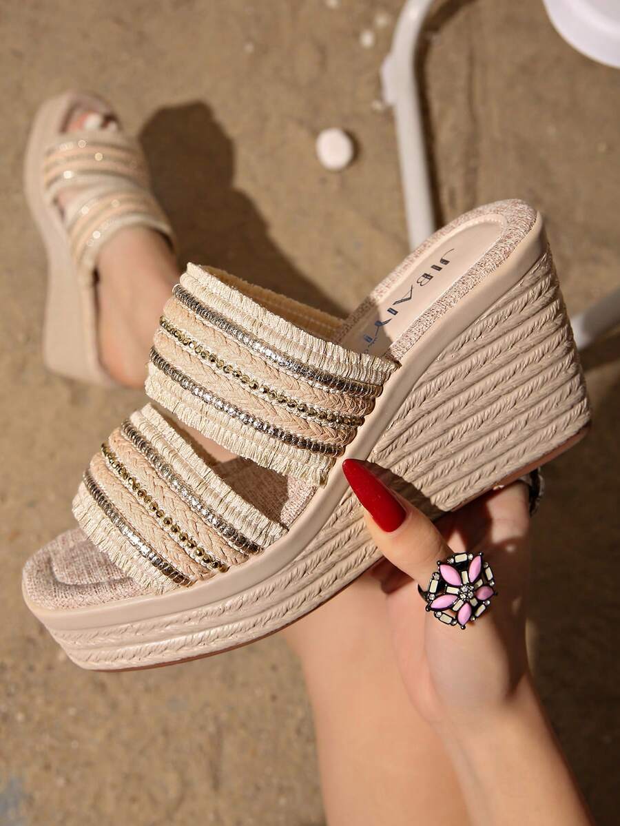 Summer High Platform Waterproof Wedge Heel Rhinestone Decor Braided Strap Slip-On Sandals For Women, Super High Heel - Khaki - View 1