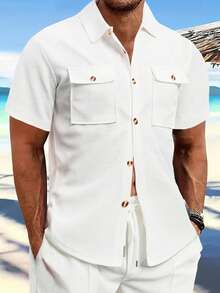 Men's Casual Waffle Snap Button Short Sleeve Shirt - White - View 1