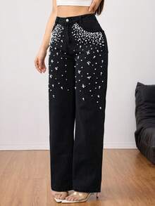Jeans de pierna recta con decoración de perlas elegante - Jeans de lujo para mujer - Negro - Ver 4