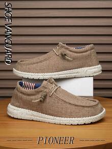 (Kích thước nhỏ hơn) Giày lười buộc dây phía trước cho nam, Giày thuyền đế bằng vải đa năng thoải mái khi đi ngoài trời, phù hợp với mọi mùa - Màu Khaki - Xem 6