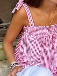 野餐纯色格子短款背心，适合夏季外出 - 粉色 - 查看 3