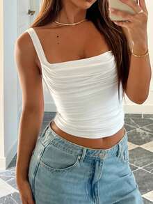 Áo hai dây lửng xếp ly kiểu Y2K dành cho nữ, thích hợp cho mùa hè. - trắng - Xem 1