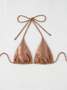 New Metallic Halter Triangle Tie Side Bikini Set - Brown - View 5