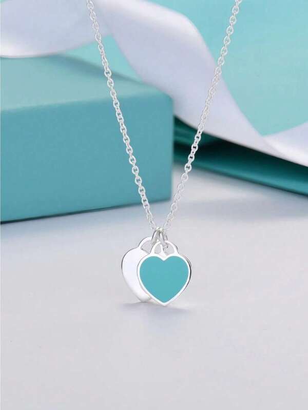 1 Colar de prata esterlina com amor simples, pingando óleo, esmalte azul, vermelho, rosa, corrente de clavícula, coração duplo, pingente em forma de coração feminino, adequado para roupas diárias, presente para mães, presente para o dia das mães