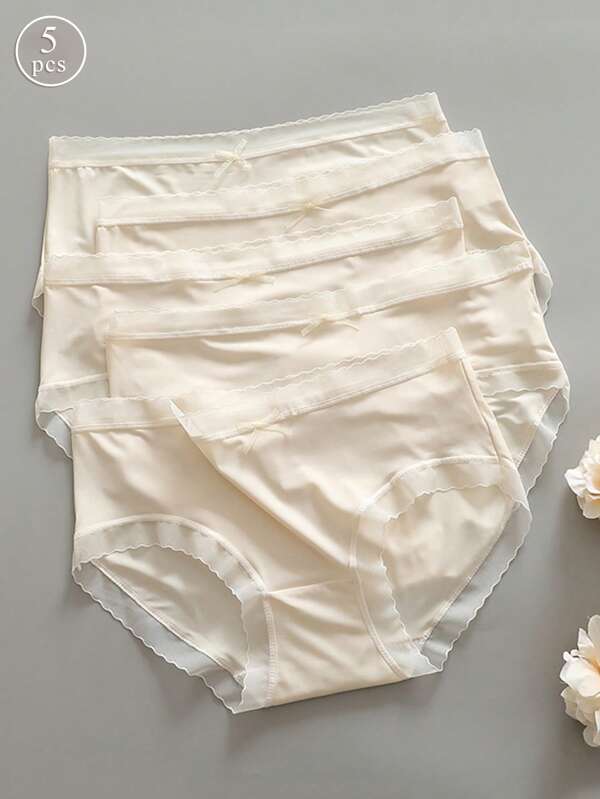 5pcs/Pack Women Mid Waist Super Thin Silk Bowknot Panties