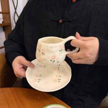 1 pieza Juego de taza de café y platillo de cerámica vintage hecho a mano, taza y plato con pintura a mano estilo coreano Ins, adecuado para mug de latte y plato de postre, excelente para San Valentín, Día de la Madre, regalo conmemorativo de pareja, regalo de graduación de vuelta a la escuela