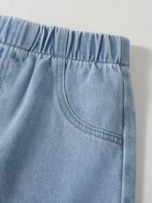 1pc Girls' Casual Comfortable Outdoor Versatile Cute Lace Trim Denim Shorts - Medium Wash - View 5