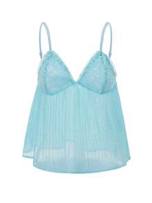 Women's Pleated Camisole Mini Bowknot Front Spaghetti Strap V-Neck Lace Cropped Tops - Blue - View 10