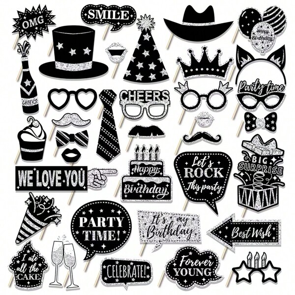 36pcs Black Silver Birthday Photo Booth Props Happy Birthday Party Favors Supplies For Women Men Birthday Party Props Decoration