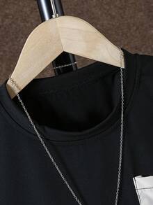 2pcs/Set Tween Boy Casual Contrast Color Pocket Short Sleeve T-Shirt & Cargo Shorts Outfit, Spring/Summer - Black and White - View 3