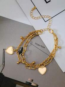 1pc Vintage Double-Layer Heart Shaped Chain Bracelet, Fashion Hip-Hop Style Beaded Chain Bracelet/Anklet, Gift For Friends, Valentine's Day Gift