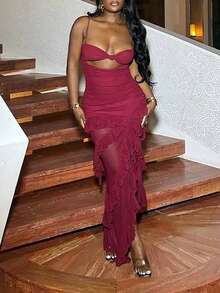 Sexy Cut-Out Side Slit Backless Mesh Strap Multi-Layer Ruffle Maxi Dress For Women, Graduation Party Outfit