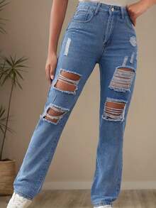 Jeans Claros Rotos Destruidos - Diseño Fresco con Aberturas Modernas,Pantalones de Mezclilla Elástica para Looks Casuales de Verano, Ideales con Sandalias o Tenis - Azul - Ver 3