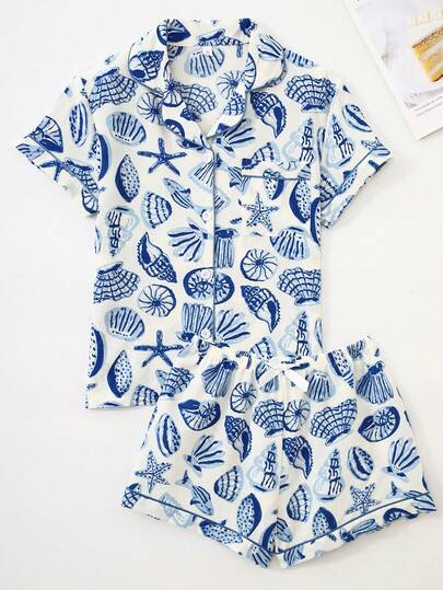Set de 2 piezas de pijama de verano para mujer con estampado de concha azul, camisa de manga corta con cuello abotonado y pantalones cortos con lazo, ropa de estar en casa casual para primavera y verano, azul claro fresco
