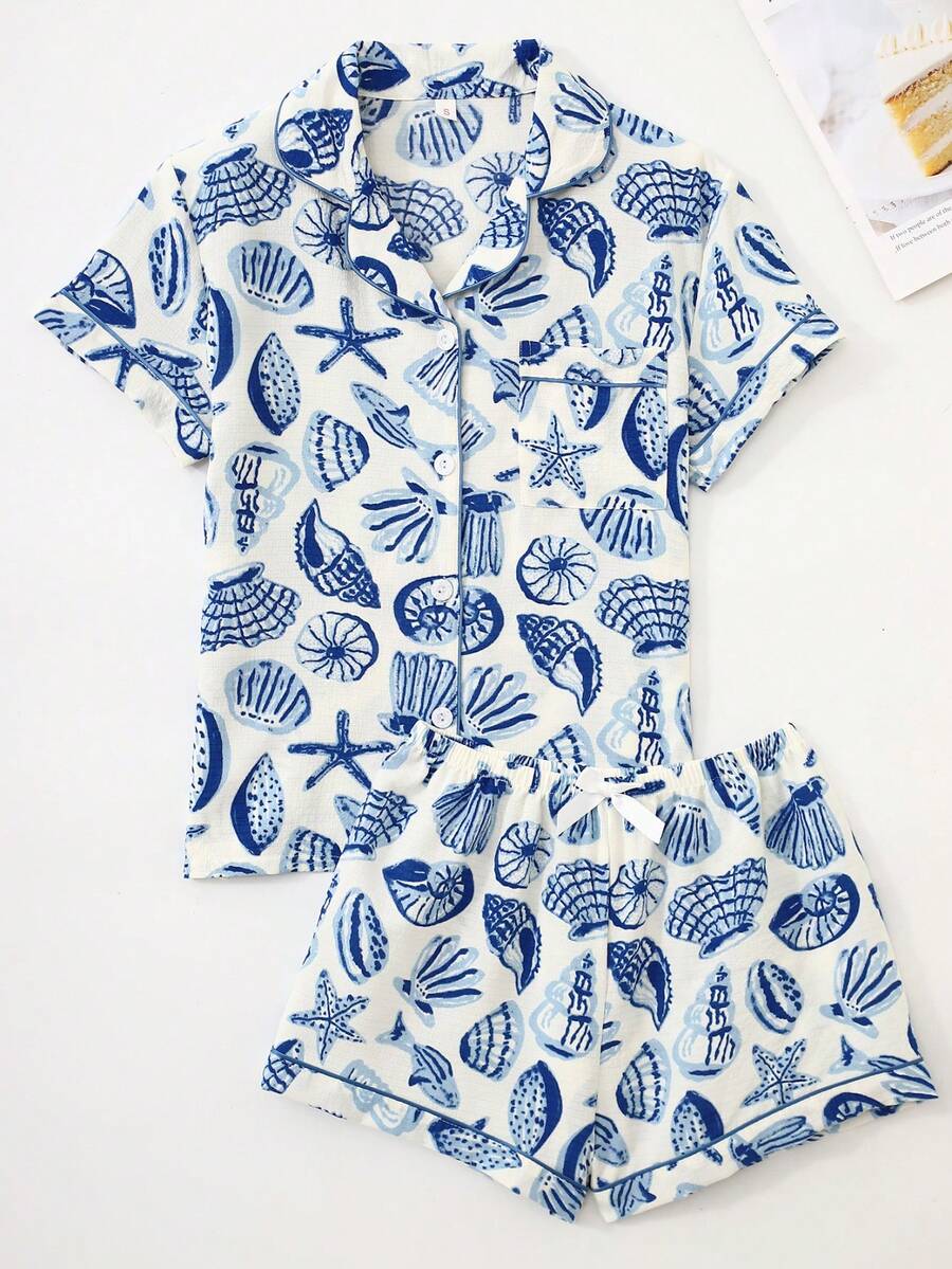 2pcs/Set Women's Blue Shell Print Summer Pajamas, Short Sleeve Button-Up Collared Shirt And Bowknot Shorts, Casual Loungewear For Spring & Summer - Blue - View 1