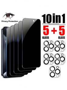 10 件/套 /5+5 隐私钢化玻璃屏幕保护膜适用于 iPhone 16 Pro Max 15 Plus 14 13 Mini 带相机镜头保护膜 - 黑色 - 查看 1