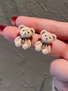 1 对/2 对女士可爱熊和兔子耳钉，植绒简约泰迪熊和兔子耳环（卡片随机发货） - 彩色 - 查看 2