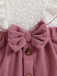 2pcs Baby Girls' Cute Ruffle Collar & Ruffle Hem Long Sleeve Top With 3D Bow Button Design Skirt Set, Suitable For Everyday Outings, Spring & Autumn